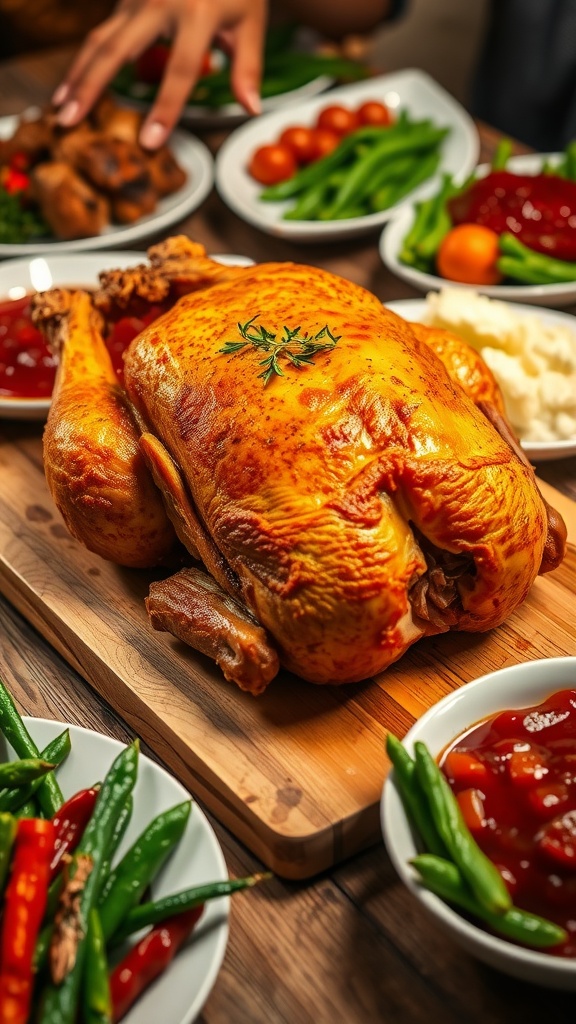 Crispy Deep-Fried Turkey Recipe Crispy deep-fried turkey on a cutting board with side dishes for a family dinner.